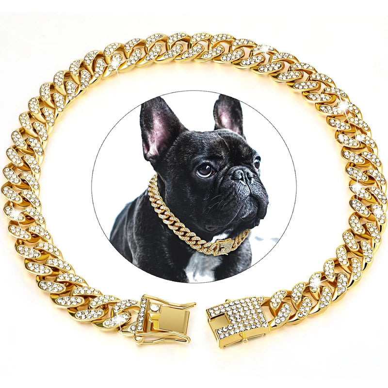 Collar de lujo para perro con cadena cubana, chapado en oro